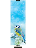 Small Blue and Yellow bird perched on a snow-covered branch  Joyful Beginnings Custom Church Banner background