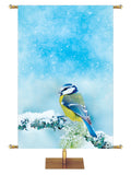 Small Blue and Yellow bird perched on a snow-covered branch  Joyful Beginnings Custom Church Banner background