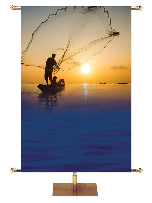 Custom Church Banner with silhouette of person standing in a small boat casting a net over calm water