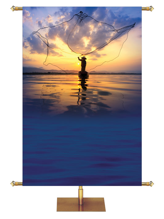 Church Custom Banner with background of calm water with silhouette of a person in a hat casting a net from the boat with net flying high against the sky