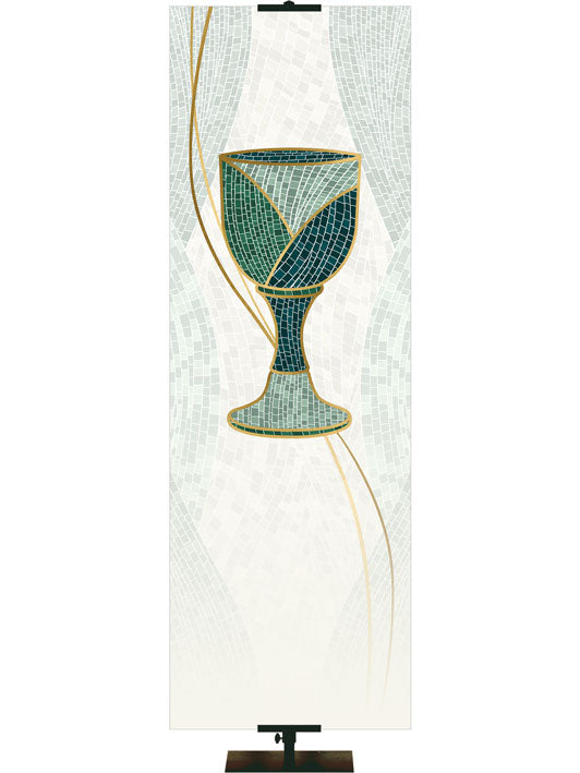 Custom Church Banner Communion Chalice Symbol Mosaics of Faith Design (left) on shades of Blue with Gold accents