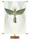 Custom Church Banner Dove Symbol Mosaics of Faith Design (left) on muted shades of Blue with Gold accents