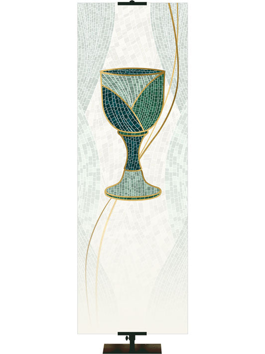 Custom Church Banner Communion Chalice Symbol Mosaics of Faith Design (right) on muted shades of Blue with Gold accents