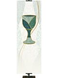 Custom Church Banner Communion Chalice Symbol Mosaics of Faith Design (right) on muted shades of Blue with Gold accents