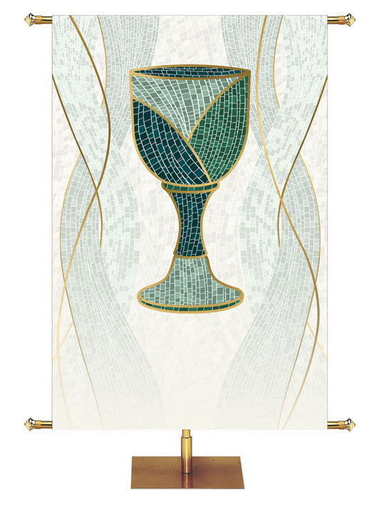 Custom Church Banner Communion Chalice Symbol Mosaics of Faith Design (right) on muted shades of Blue with Gold accents