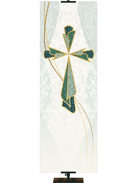 Custom Church Banner Cross Symbol Mosaics of Faith Design on muted shades of Blue with Gold accents