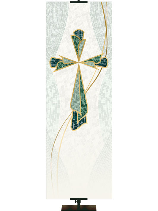 Custom Church Banner Cross Symbol Mosaics of Faith Design on muted shades of Blue with Gold accents