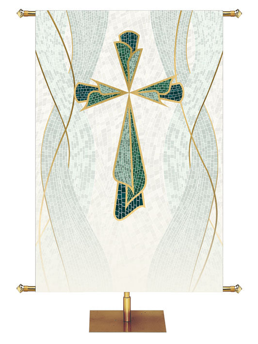 Custom Church Banner Cross Symbol Mosaics of Faith Design on muted shades of Blue with Gold accents