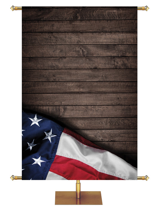 Custom Patriotic Banner of dark barnwood with partial image of a flag with stars and stripes, stars on the left