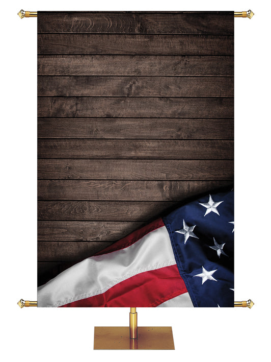 Custom Patriotic Banner on dark barnwood background with flag with stars on the left