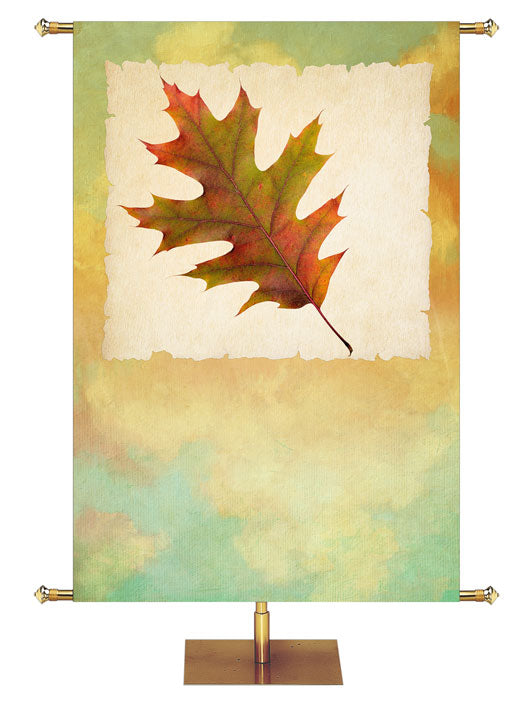 Custom Church Banner Background for Fall and Thanksgiving with Oak Leaf on pastel water color canvas design.
