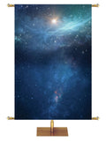Star-filled night sky with brightly shining star in the distance
