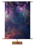 Colorful star-filled deep-space nebula with purple, pink, and dark blue hues