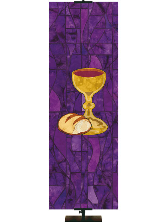 Custom Church Banner for The Liturgy Communion Symbol in classic Stained Glass Design in Blue, Green, Purple, or Red 