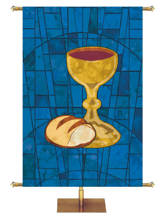 Custom Church Banner for The Liturgy Communion Symbol in classic Stained Glass Design in Blue, Green, Purple, or Red 