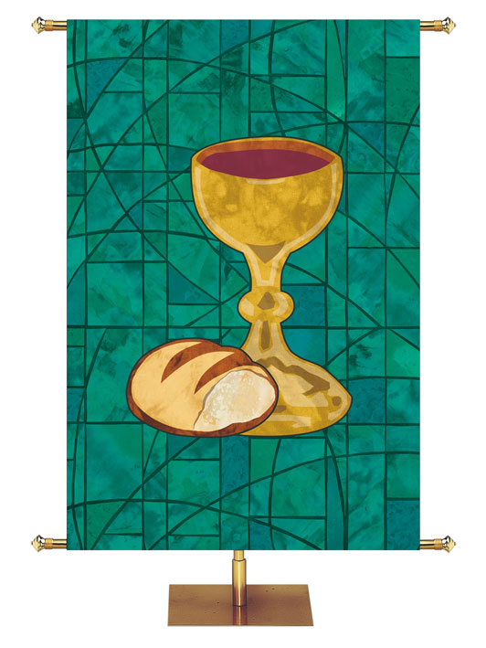 Custom Church Banner for The Liturgy Communion Symbol in classic Stained Glass Design in Blue, Green, Purple, or Red 