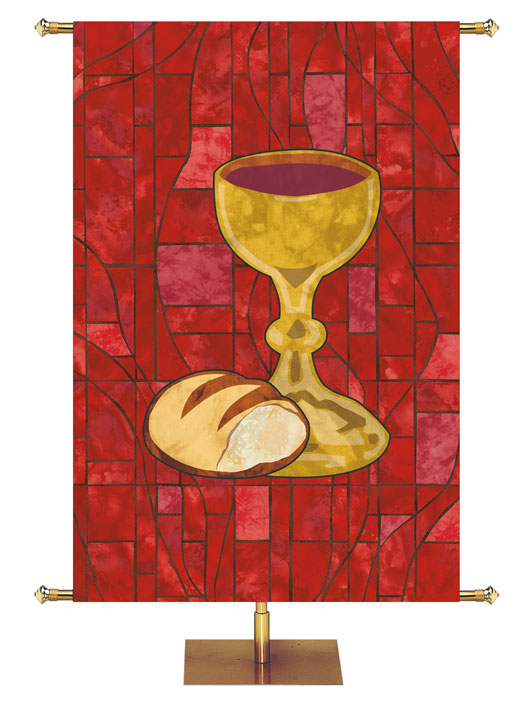 Custom Church Banner for The Liturgy Communion Symbol in classic Stained Glass Design in Blue, Green, Purple, or Red 