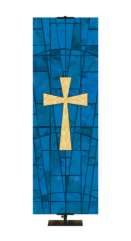 Custom Banner for Church with Cross Symbol in classic stained glass design in Blue, Green, Purple, or Red.
