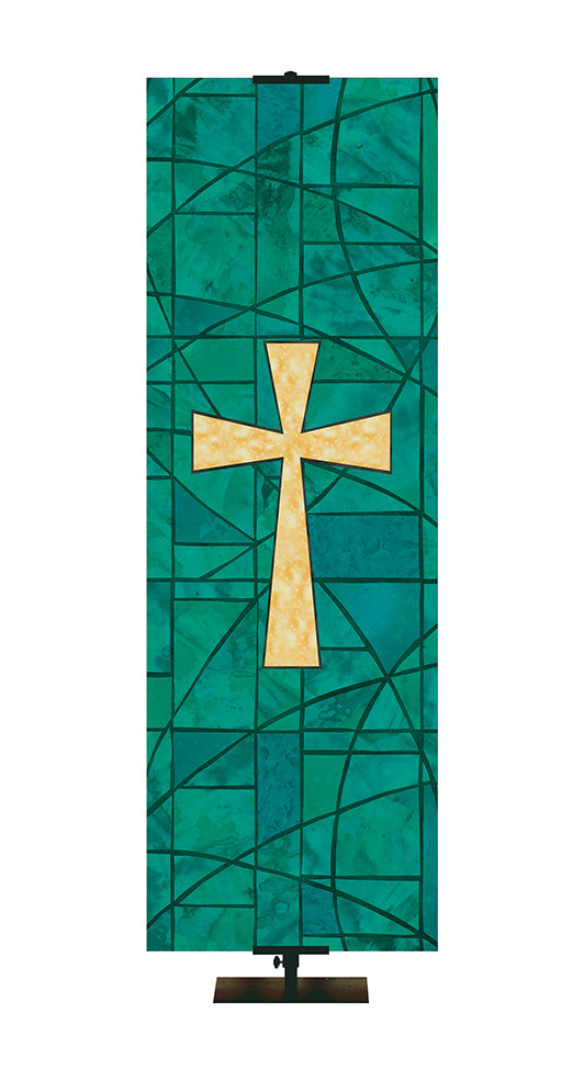Custom Banner for Church with Cross Symbol in classic stained glass design in Blue, Green, Purple, or Red.