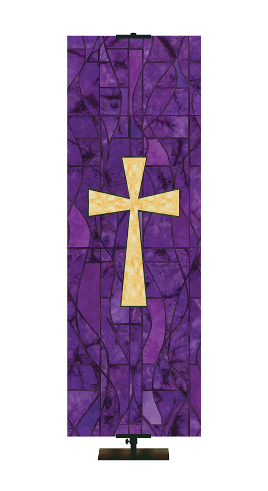 Custom Banner for Church with Cross Symbol in classic stained glass design in Blue, Green, Purple, or Red.