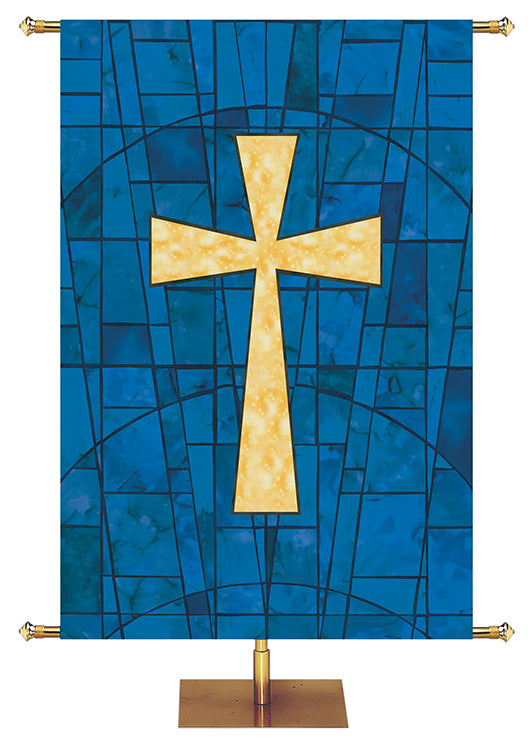 Custom Banner for Church with Cross Symbol in classic stained glass design in Blue, Green, Purple, or Red.