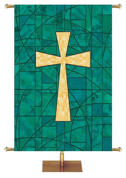 Custom Banner for Church with Cross Symbol in classic stained glass design in Blue, Green, Purple, or Red.