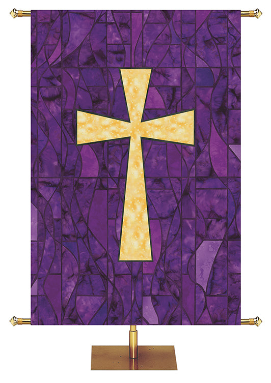 Custom Banner for Church with Cross Symbol in classic stained glass design in Blue, Green, Purple, or Red.