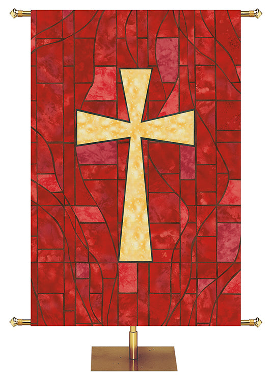 Custom Banner for Church with Cross Symbol in classic stained glass design in Blue, Green, Purple, or Red.
