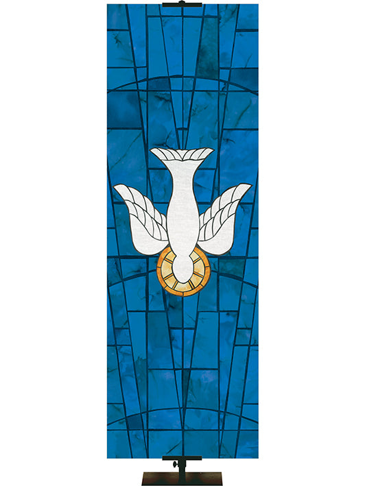 Custom Church Banner. Dove Symbol in Stained Glass Classics design in Blue, Green, Purple, or Red.