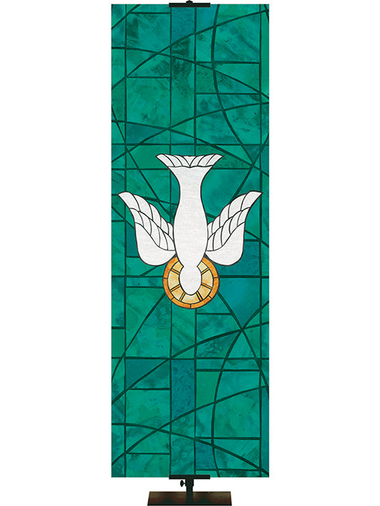 Custom Church Banner. Dove Symbol in Stained Glass Classics design in Blue, Green, Purple, or Red.