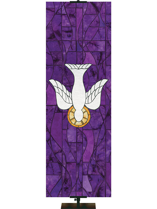 Custom Church Banner. Dove Symbol in Stained Glass Classics design in Blue, Green, Purple, or Red.
