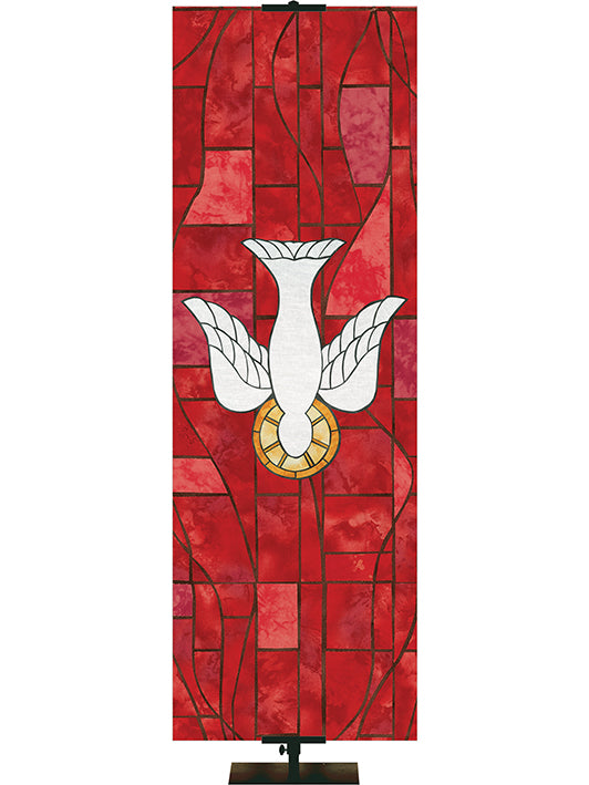 Custom Church Banner. Dove Symbol in Stained Glass Classics design in Blue, Green, Purple, or Red.
