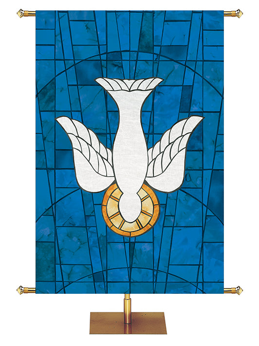 Custom Church Banner. Dove Symbol in Stained Glass Classics design in Blue, Green, Purple, or Red.