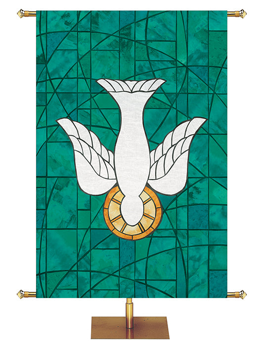 Custom Church Banner. Dove Symbol in Stained Glass Classics design in Blue, Green, Purple, or Red.