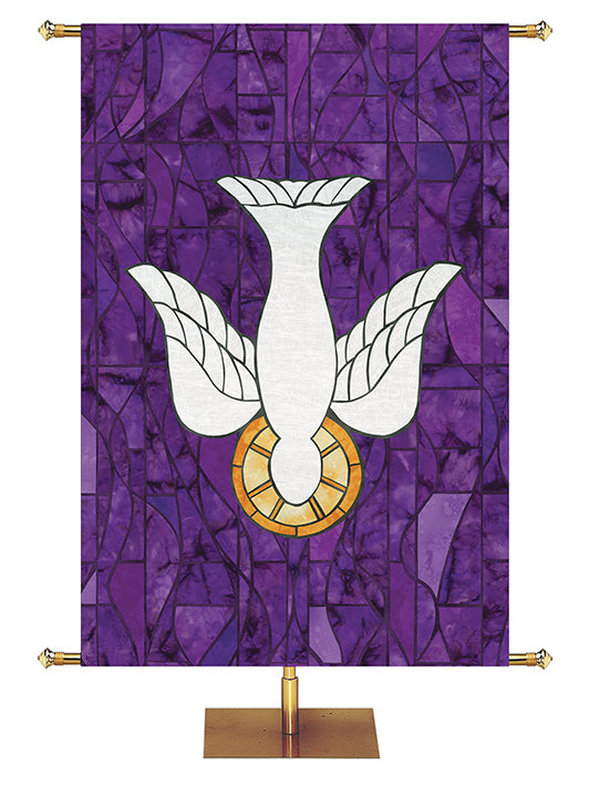Custom Church Banner. Dove Symbol in Stained Glass Classics design in Blue, Green, Purple, or Red.