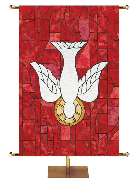 Custom Church Banner. Dove Symbol in Stained Glass Classics design in Blue, Green, Purple, or Red.
