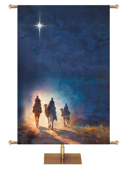 Christmas Church Banner with the Three Wisemen (left) Journeying under the New Star
