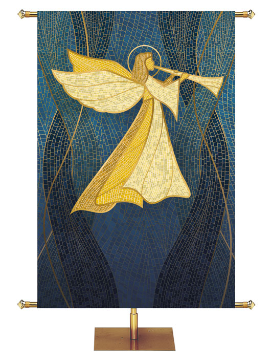 Custom Banner Angel with Trumpet in Gold facing right Christmas Mosaic Design in Blue, Green, Red or Purple