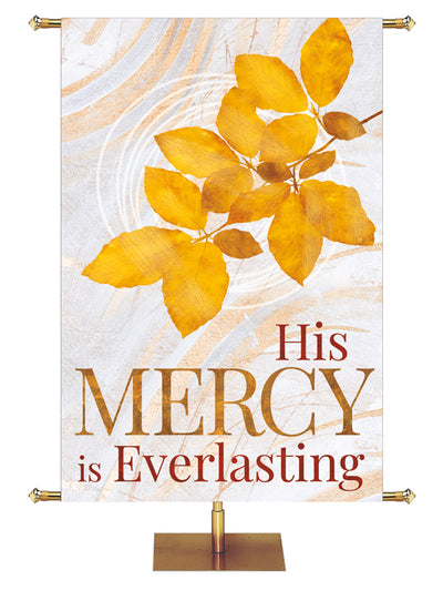 Fall Banner for Church His Mercy Is Everlasting in Gold with Golden Rowan Fall leaves on background of hues of bronze and copper