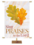 Fall Banner for Church Sing Praises To The Lord in Gold with Oak leaves on background of subtle hues of bronze and copper