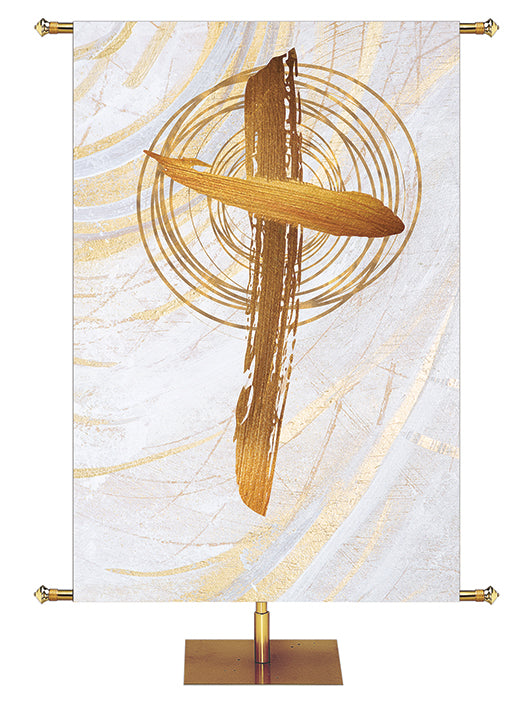 Cross Symbol in Gold on White Banner Left Wide Format Echoes of Easter