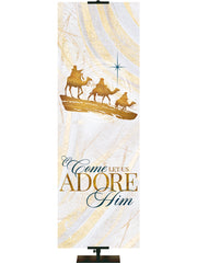O Come Let Us Adore Him Banner with Three Wisemen in Gold and New Star in Blue (left) in subtle hues of gold, blue and white