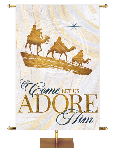 O Come Let Us Adore Him Banner with Three Wisemen in Gold and New Star in Blue (left) in subtle hues of gold, blue and white