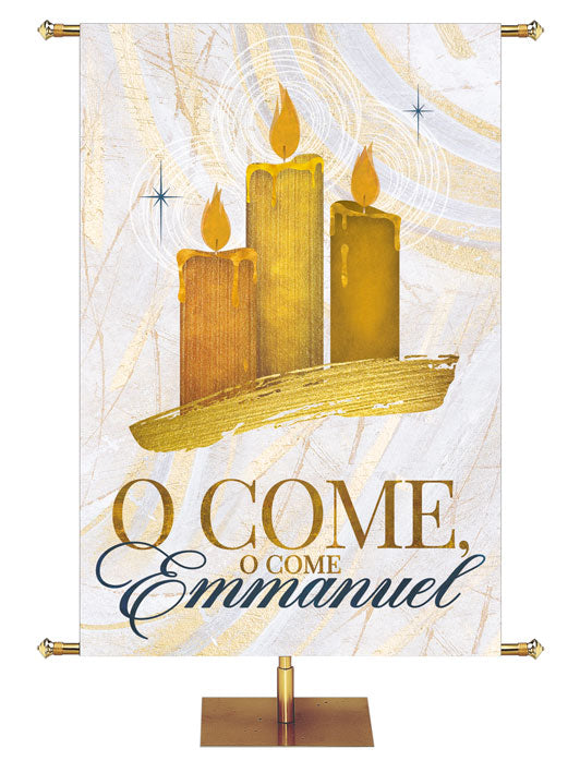 O Come, O Come, Emmanuel. Church Banner for Christmas with artwork of Three Candles in gold on a white banner with gold accents in Echoes of Christmas style.