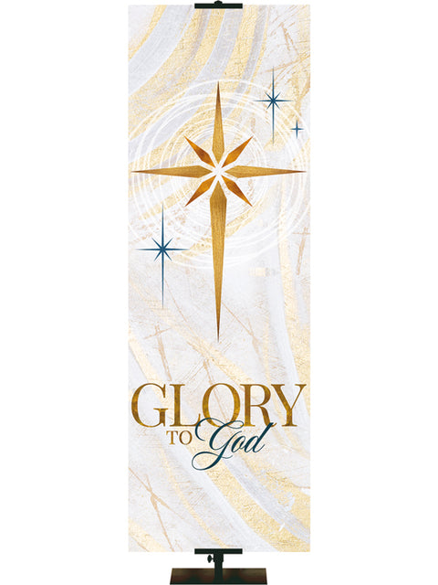 Glory To God Church Banner for Christmas with New Star in Gold on subtle hues of gold, blue and white.