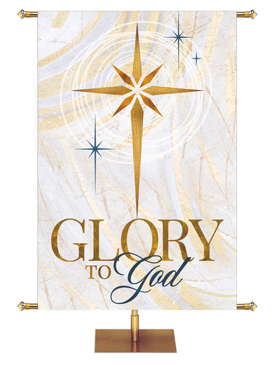 Glory To God Church Banner for Christmas with New Star in Gold on subtle hues of gold, blue and white.