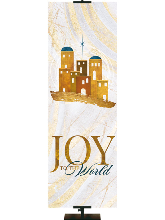 Joy To The World Banner for Christmas with Bethlehem in Gold and New Star (left) in Blue on hues of gold, blue and white