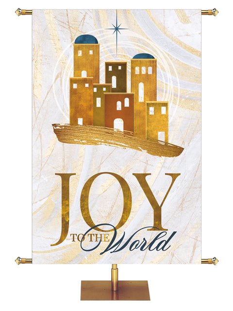Joy To The World Banner for Christmas with Bethlehem in Gold and New Star (left) in Blue on hues of gold, blue and white