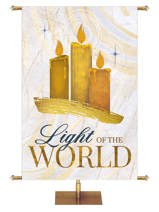 Light of the World and Three Candles in gold on this white with gold accents Christmas Church Banner from Echoes of Christmas Collection