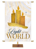 Light of the World and Three Candles in gold on this white with gold accents Christmas Church Banner from Echoes of Christmas Collection